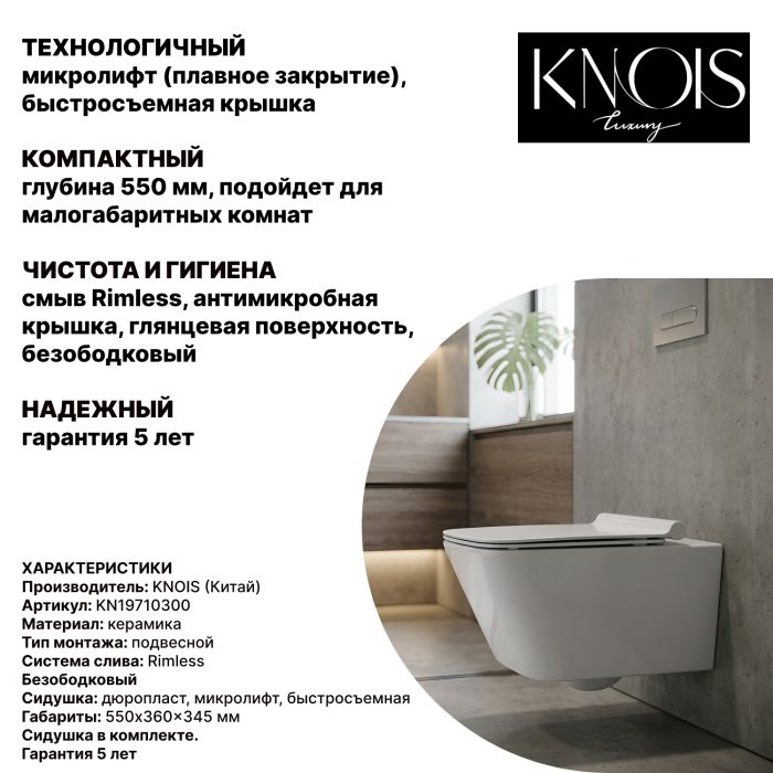 KN9710300 Унитаз подвесной с сиденьем 550*360*345мм.